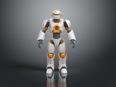 Game and Movie Robot Character with White and Orange Mech Design Round Core Standing 3d model