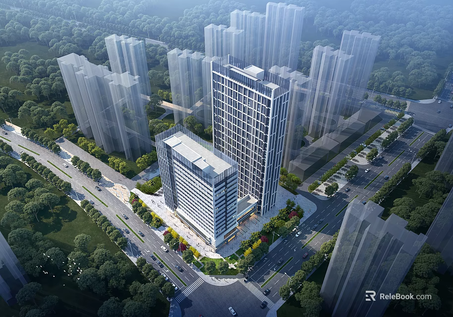 Modern High Rise Hotel Building With Glass Facade And Surrounding Urban Skyscrapers Greenery 3d model 