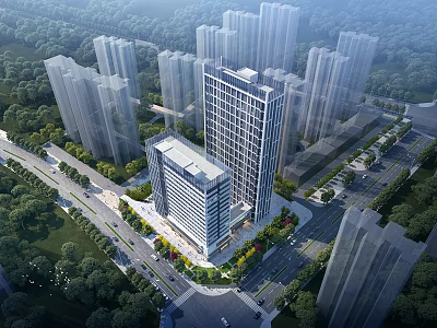 Modern High Rise Hotel Building With Glass Facade And Surrounding Urban Skyscrapers Greenery 3d model