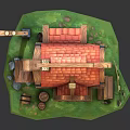 Cartoon House Scene With Red Tiled Roof Traditional Decorations Green Grass And Wooden Fence