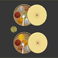 Decorative Golden Lidded Spice Containers With Various Colorful Spices And Small Spoons