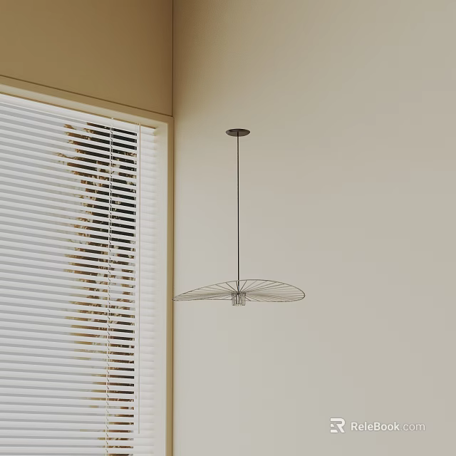 Minimalist Metal Wire Pendant Light In Interior Corner With Window Blinds And Tree Shadow 3d model 