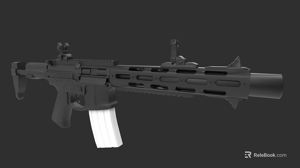 Black Tactical Rifle With White Magazine And Perforated Barrel Design Features 3d model 