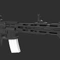 Black Tactical Rifle With White Magazine And Perforated Barrel Design Features