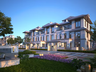 Modern Detached Villa Exterior With Landscaped Garden Trees Flower Beds And Large Windows 3d model