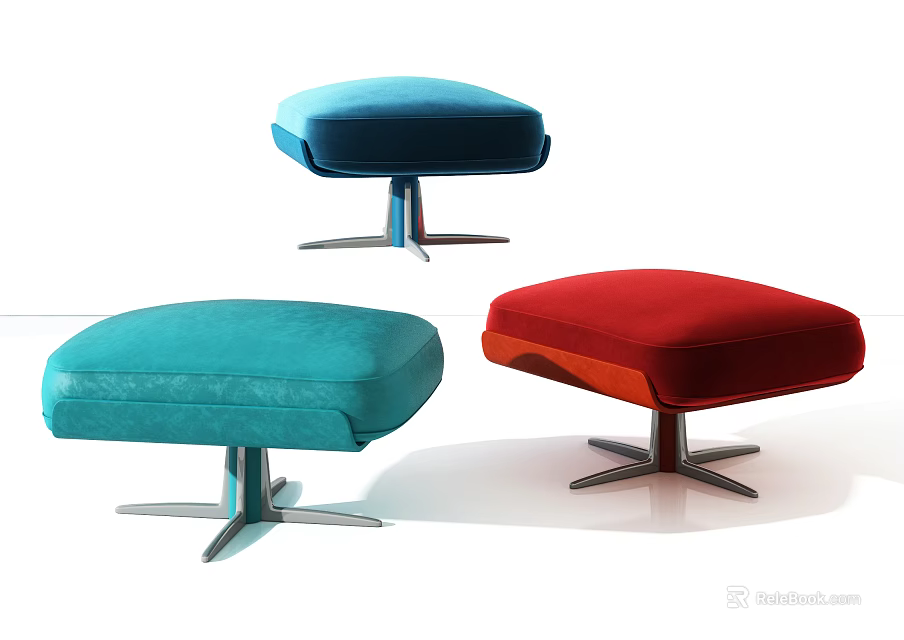 Modern Design Blue Teal And Red Ottomans With Sturdy Metal Legs 3d model 
