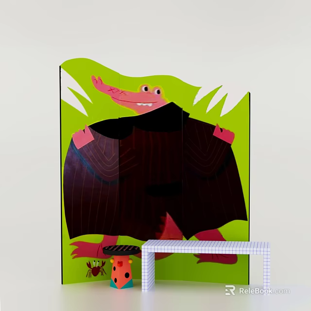 Decorative Screen with Pink Cartoon Crocodile Design on Green Background and Black Stripes 3d model 