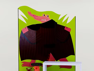 Decorative Screen with Pink Cartoon Crocodile Design on Green Background and Black Stripes 3d model