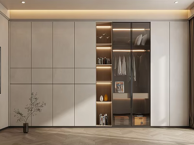 Modern Cloakroom Interior Design With Gray Cabinets Glass Sliding Doors And Lighting Strips 3d model