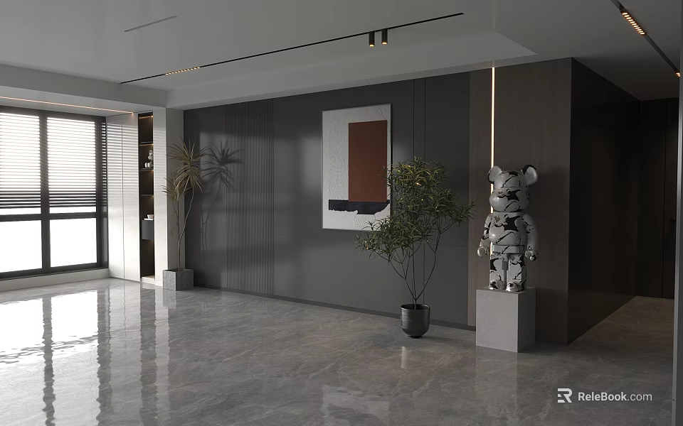 Modern Lounge Area Featuring Gray Walls Marble Floor Window Blinds Plants Abstract Painting And Sculpture 3d model 