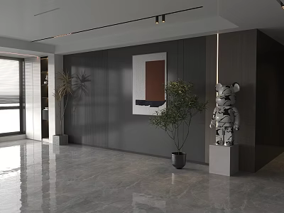 Modern Lounge Area Featuring Gray Walls Marble Floor Window Blinds Plants Abstract Painting And Sculpture 3d model