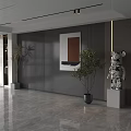 Modern Lounge Area Featuring Gray Walls Marble Floor Window Blinds Plants Abstract Painting And Sculpture