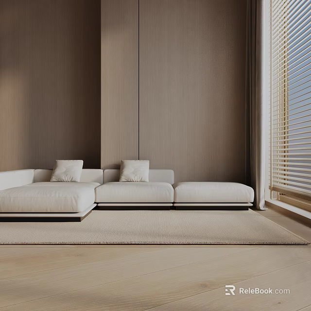 Modern Minimalist Three Seater Sofa With Ivory Cushions Wooden Wall And Blinds 3d model 