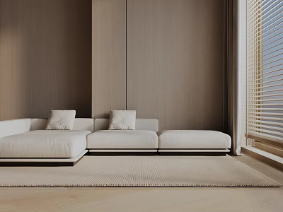 Modern Minimalist Three Seater Sofa With Ivory Cushions Wooden Wall And Blinds 3d model