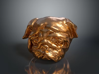 Golden Shiny Pug Head Sculpture With Smooth Surface And Dark Background 3d model
