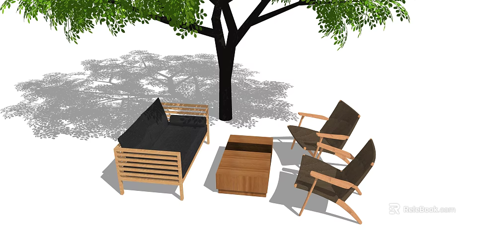 Outdoor Sofa With Wooden Frame Matching Chairs And Coffee Table Under Tree 3d model 