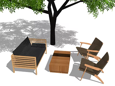 Outdoor Sofa With Wooden Frame Matching Chairs And Coffee Table Under Tree 3d model