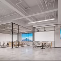 Modern Conference Room Interior With Large Projection Screen White Chairs Wooden Table Glass Partitions And Whiteboard