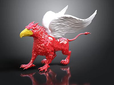Red Griffin Sculpture With White Wings And Yellow Beak On Black Background 3d model