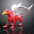 Red Griffin Sculpture With White Wings And Yellow Beak On Black Background