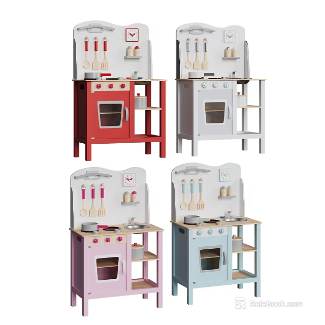 Colorful Kids Play Kitchen Sets With Stove Oven And Utensil Storage Shelves 3d model 