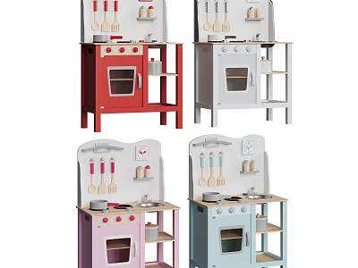 Colorful Kids Play Kitchen Sets With Stove Oven And Utensil Storage Shelves 3d model