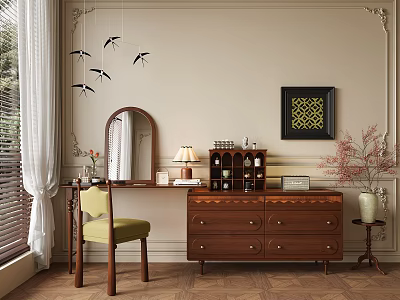 Elegant Wooden Dressing Table with Mirror Chair Lamp Drawers and Decorative Painting 3d model