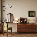 Elegant Wooden Dressing Table with Mirror Chair Lamp Drawers and Decorative Painting