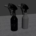 Industrial Spray Bottles With Red Nozzles In Gray And White On Gray Tabletop