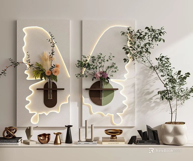 Stylish Interior With Illuminated Decorative Panels Vases Flowers Green Plants And Decorative Items 3d model 