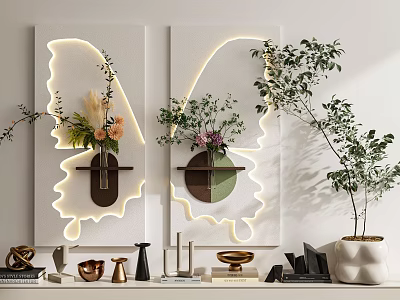 Stylish Interior With Illuminated Decorative Panels Vases Flowers Green Plants And Decorative Items 3d model