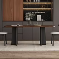 Modern Walnut Dining Table Set with Black Chairs Light Cushions Wooden Cabinets Green Plant Rug