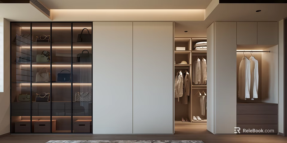 Modern Closet Interior Design With Glass Door Display Shelves Hanging Clothes And Cabinets 3d model 