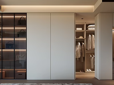 Modern Closet Interior Design With Glass Door Display Shelves Hanging Clothes And Cabinets 3d model