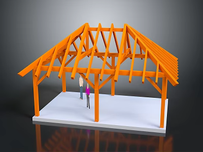Bright Orange Wooden Roof Truss Building Structure With Two Figures Below 3d model