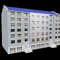 Multi Storey Commercial Complex With Blue Roof White Walls Windows Balconies And Ground Floor Units