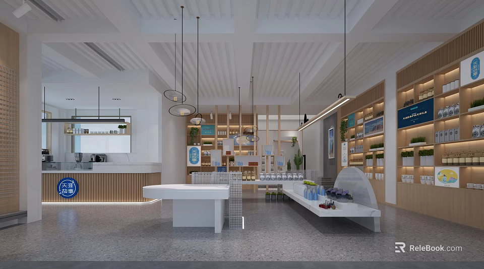 Modern Retail Showroom Interior Featuring White Counters Wooden Shelves Hanging Lights And Displayed Plants 3d model 