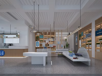 Modern Retail Showroom Interior Featuring White Counters Wooden Shelves Hanging Lights And Displayed Plants 3d model