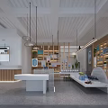Modern Retail Showroom Interior Featuring White Counters Wooden Shelves Hanging Lights And Displayed Plants