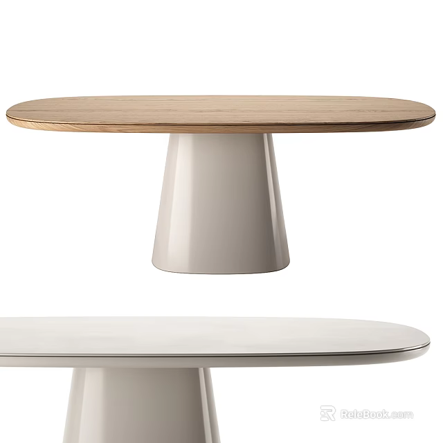 Round Dining Table With Wooden Tabletop And White Conical Base Design 3d model 