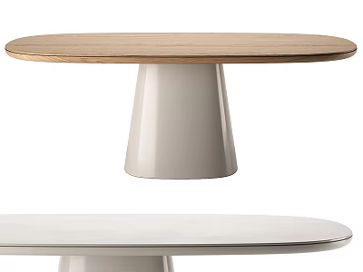 Round Dining Table With Wooden Tabletop And White Conical Base Design 3d model