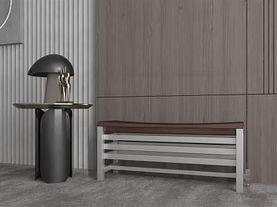 Modern Metal Radiator In Contemporary Interior With Wooden Wall And Bench 3d model