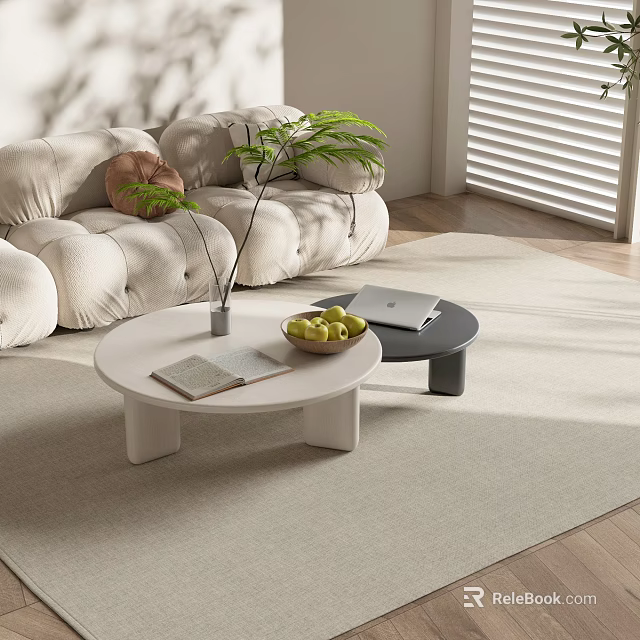 Modern Round White and Black Coffee Tables with Book Fruit Bowl Green Plant and Laptop 3d model 
