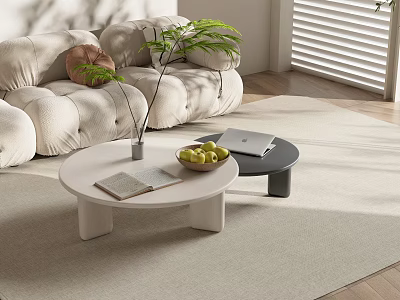 Modern Round White and Black Coffee Tables with Book Fruit Bowl Green Plant and Laptop 3d model