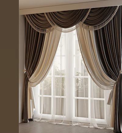 Double Layer Curtains Dark Outer Light Inner Sheer Tassel Trim Tied Revealing Window Green Plants 3d model