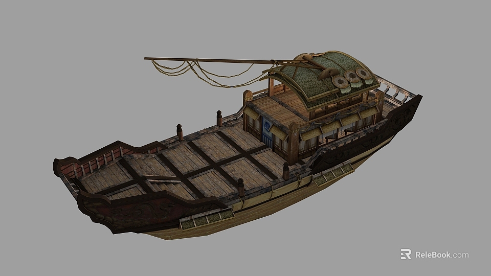 Wooden Boat With Wooden Deck Cabin Green Roof And Ropes Structure Design 3d model 