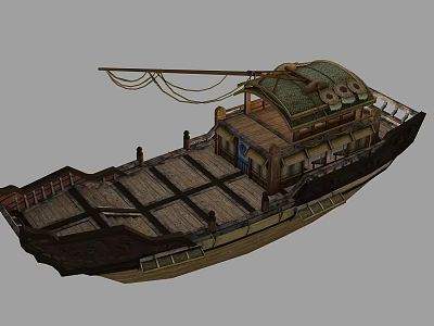 Wooden Boat With Wooden Deck Cabin Green Roof And Ropes Structure Design 3d model