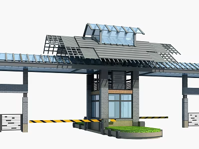 Modern Entrance Gate With Glass Roof Metal Frame Security Booth Warning Stripes And Lawn 3d model