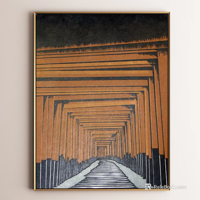Abstract Painting With Repeated Orange Columns Tunnel Structure Perspective Dark Background And White Path 3d model 