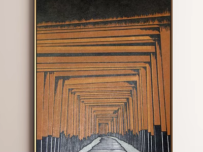 Abstract Painting With Repeated Orange Columns Tunnel Structure Perspective Dark Background And White Path 3d model